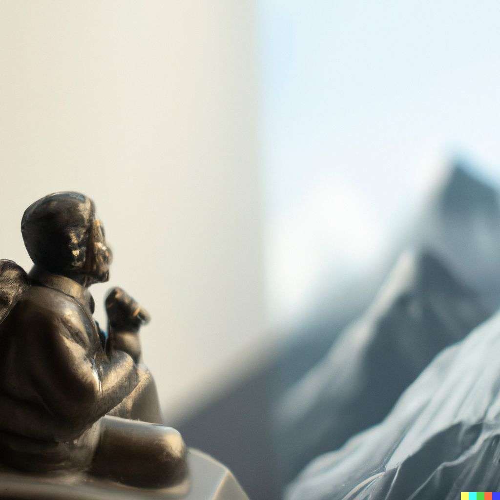 someone gazing at Mount Everest, sculpture